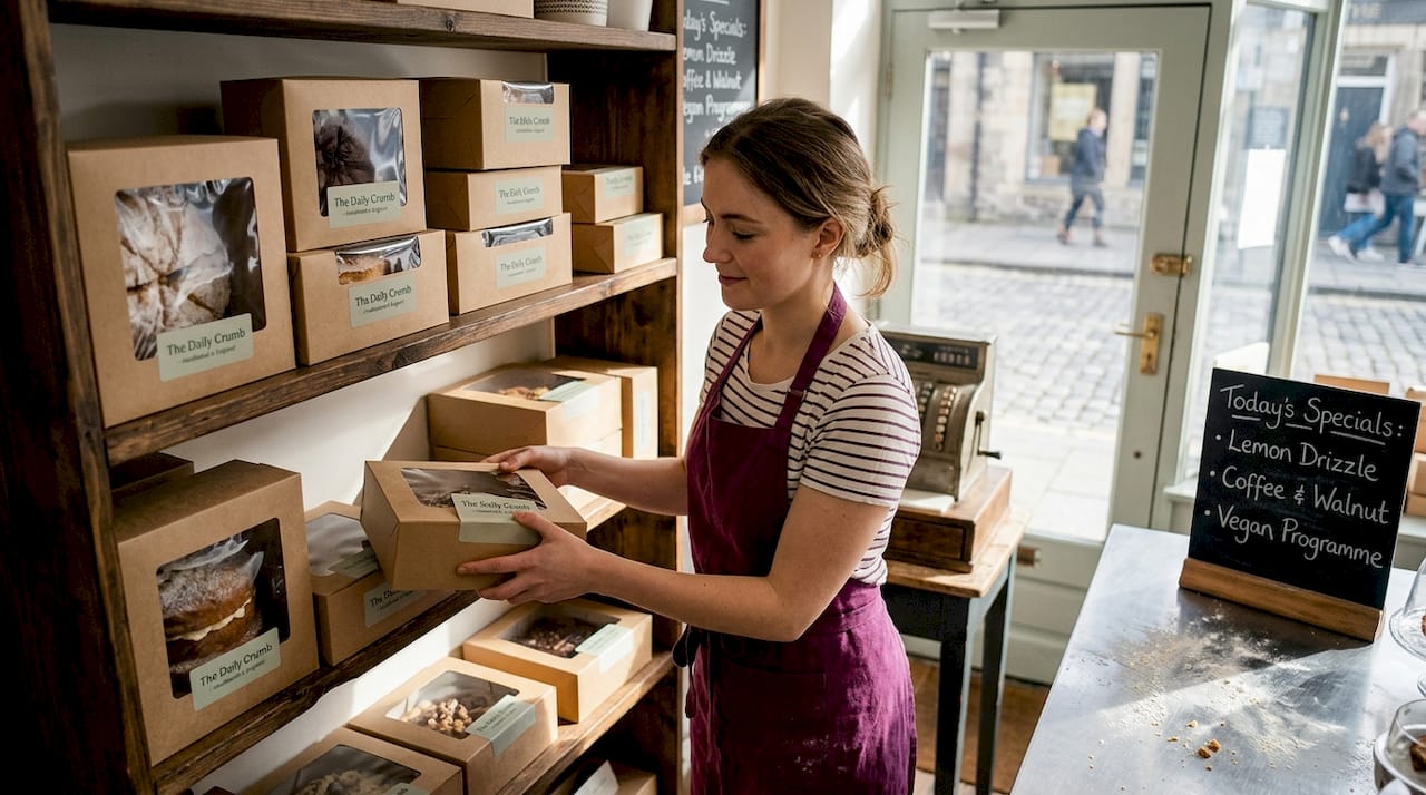 Bakery owner arranging boxed cakes on shelf