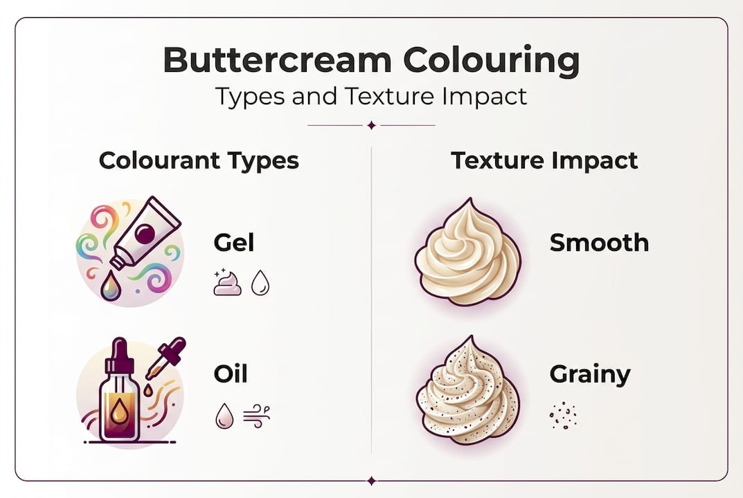Infographic comparing buttercream colouring types and effects
