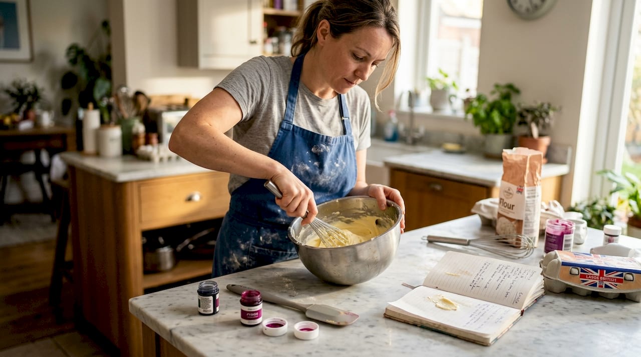 Pastry chef mixing buttercream at kitchen island