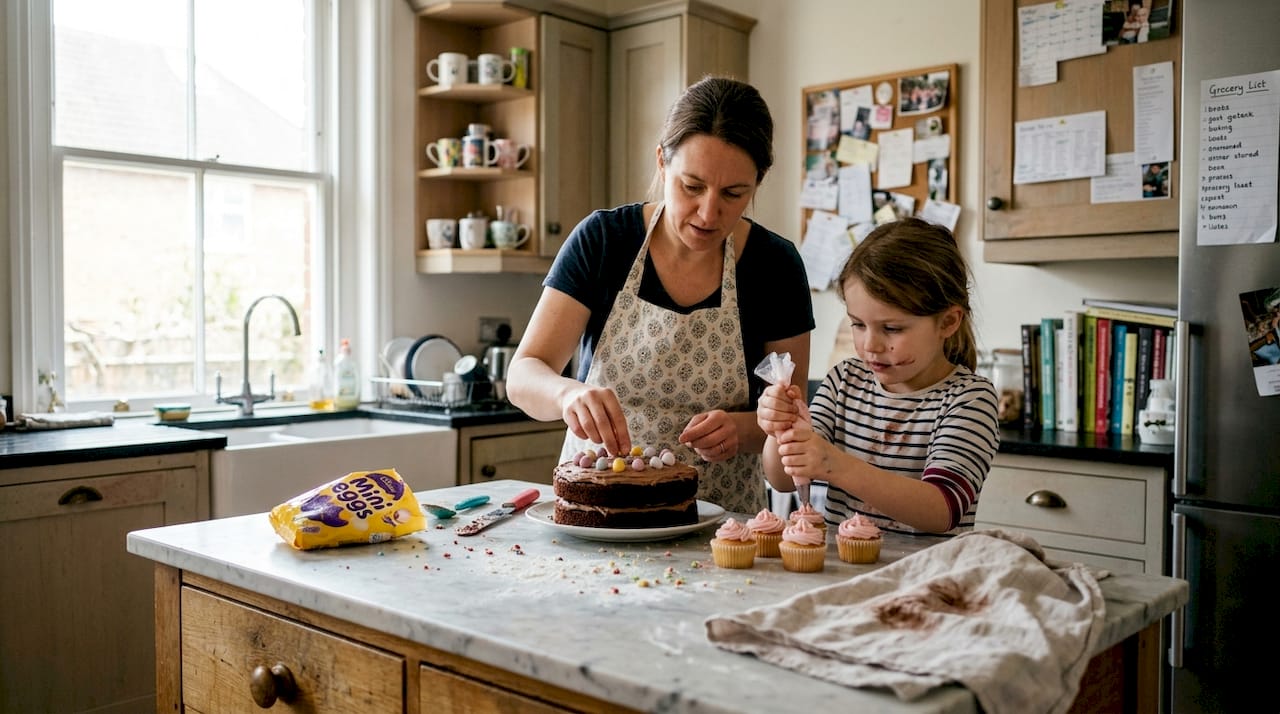 Home bakers decorating mini egg Easter cakes