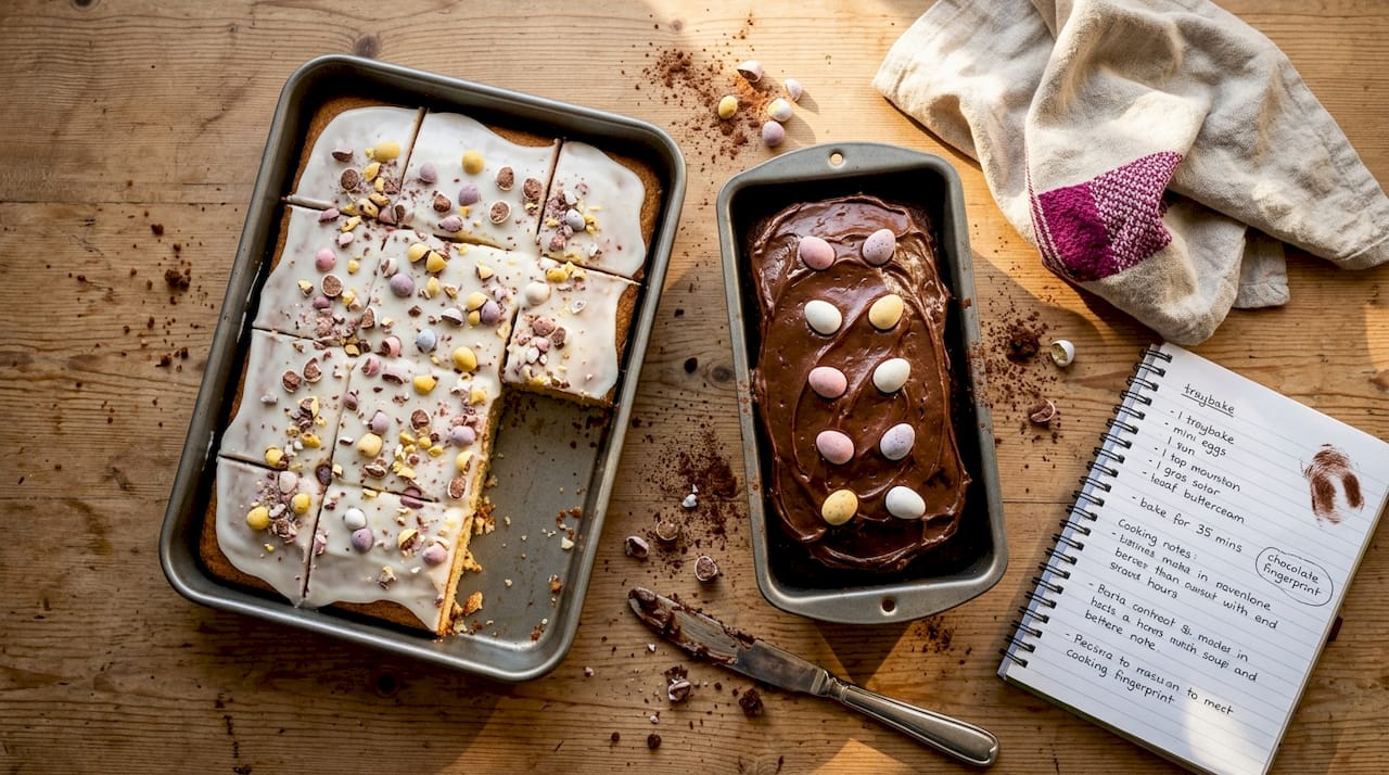 Traybake and loaf mini egg cakes on kitchen table