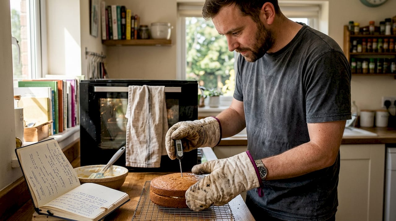 Man checks cake temperature in oven