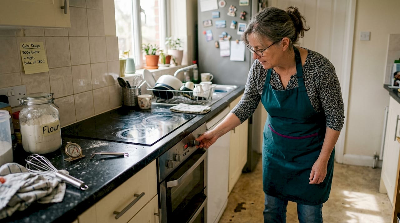 Woman preheating oven in home kitchen
