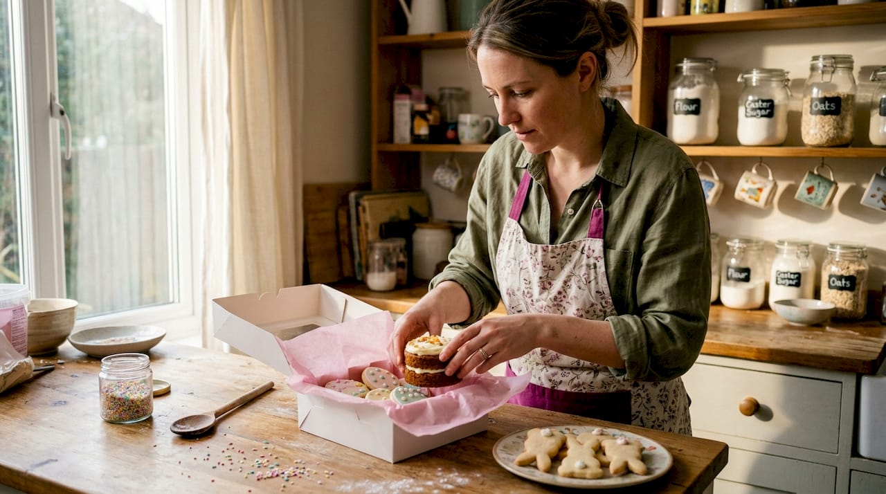 Woman assembling Easter treat box in kitchen