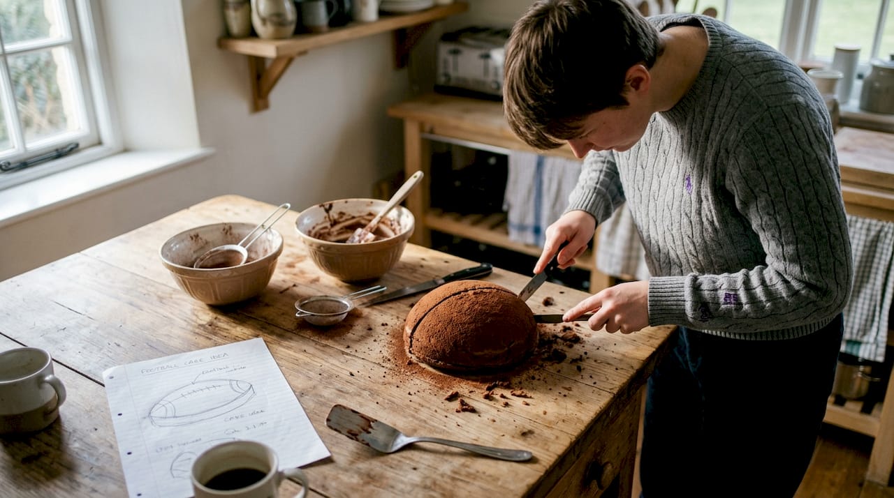 Parent carving football shaped birthday cake