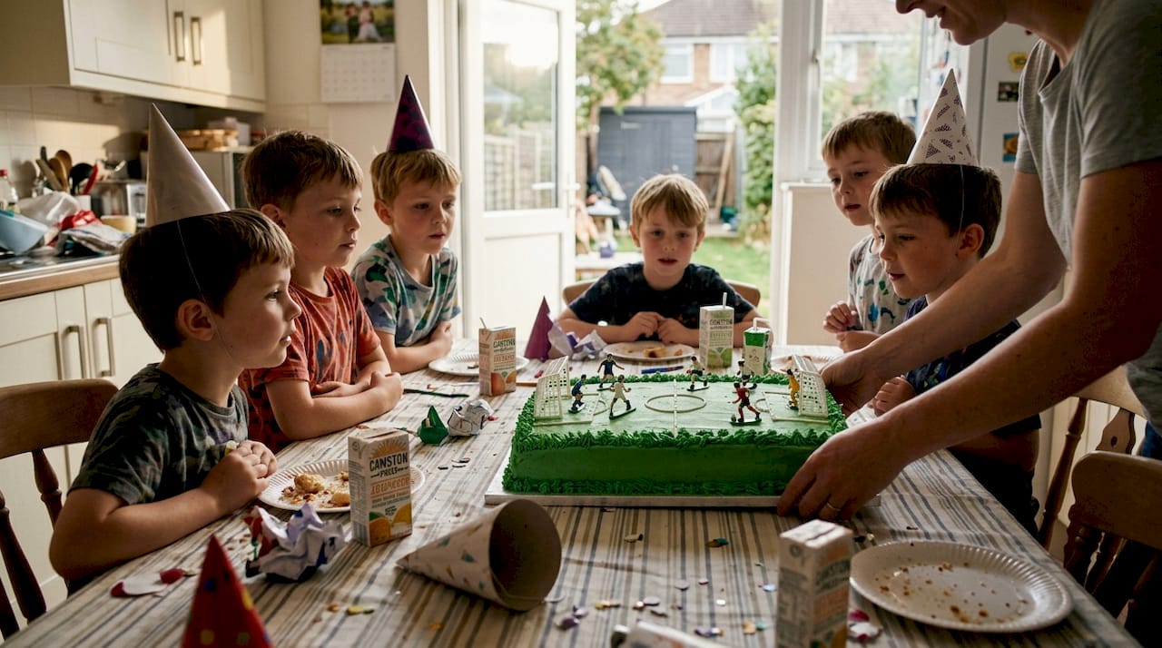 Children admiring football pitch birthday cake