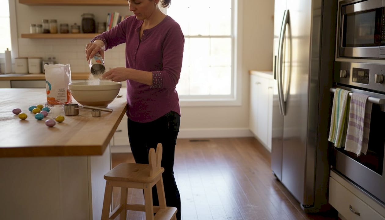 Parent preparing child-friendly baking station