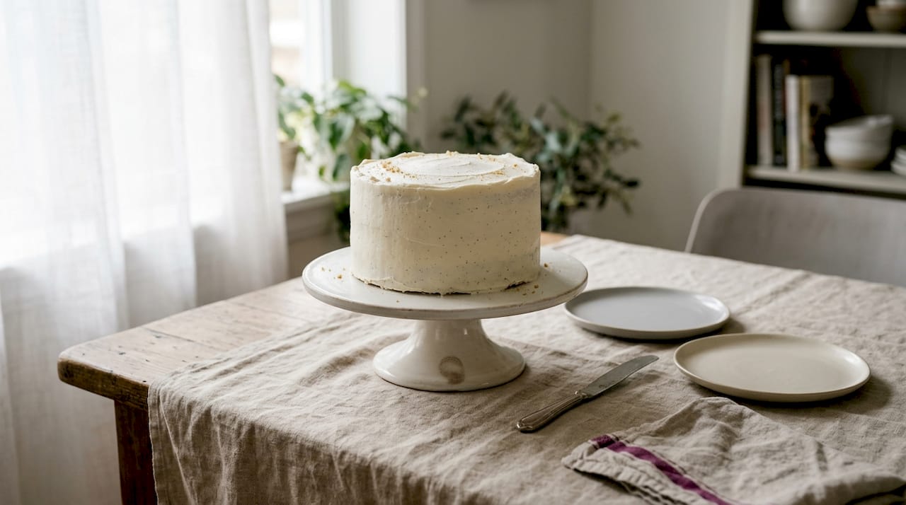 Vanilla cake on white stand near window
