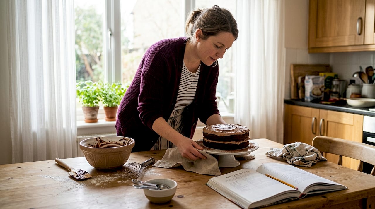 Baker prepping cake by window in home kitchen
