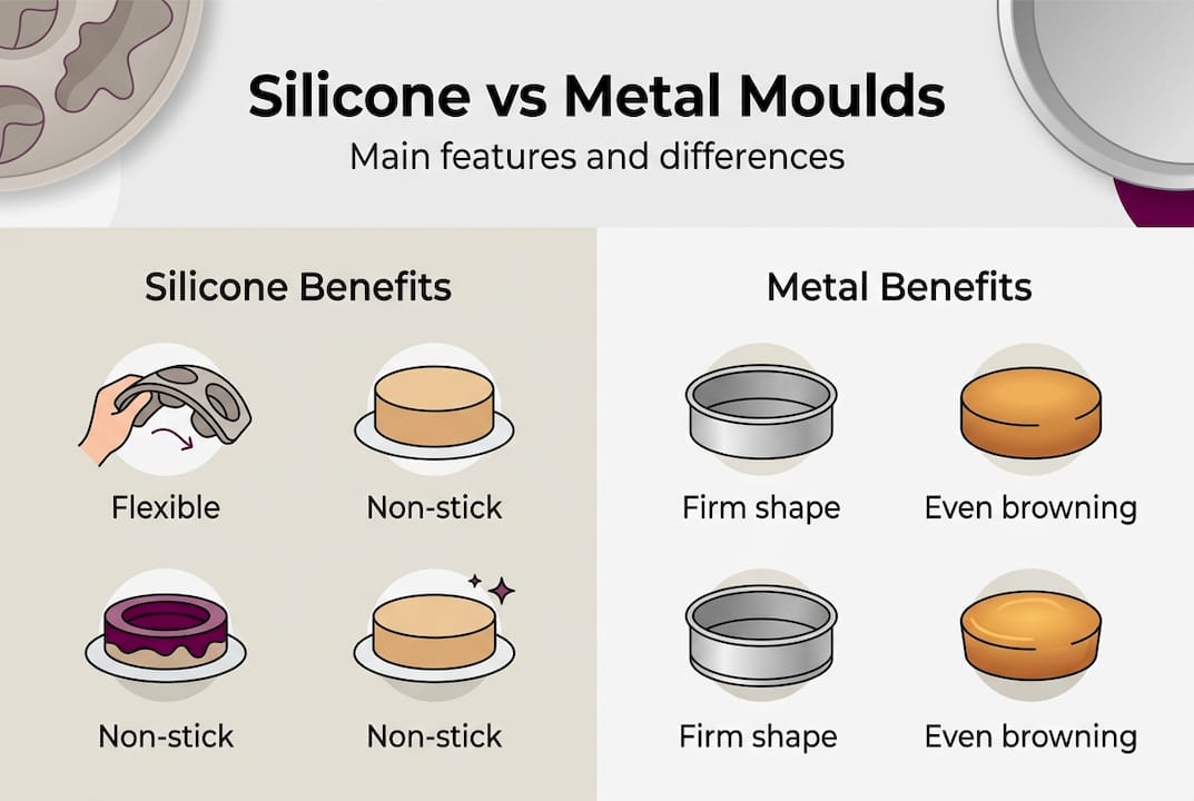 Infographic comparing silicone and metal cake moulds