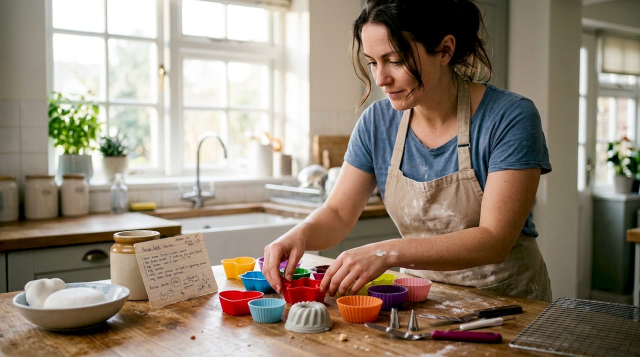 Home baker preparing silicone moulds for cakes