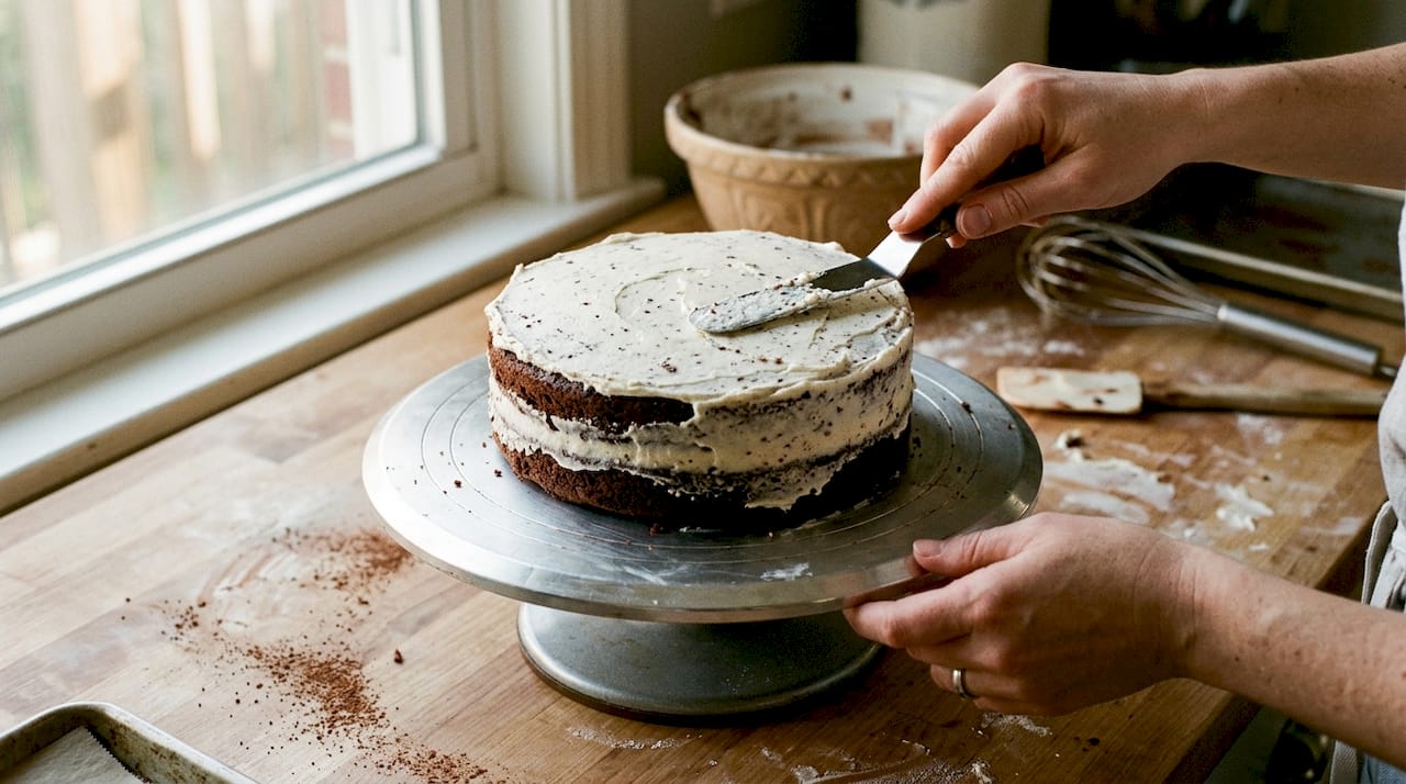 Hands applying crumb coat on cake