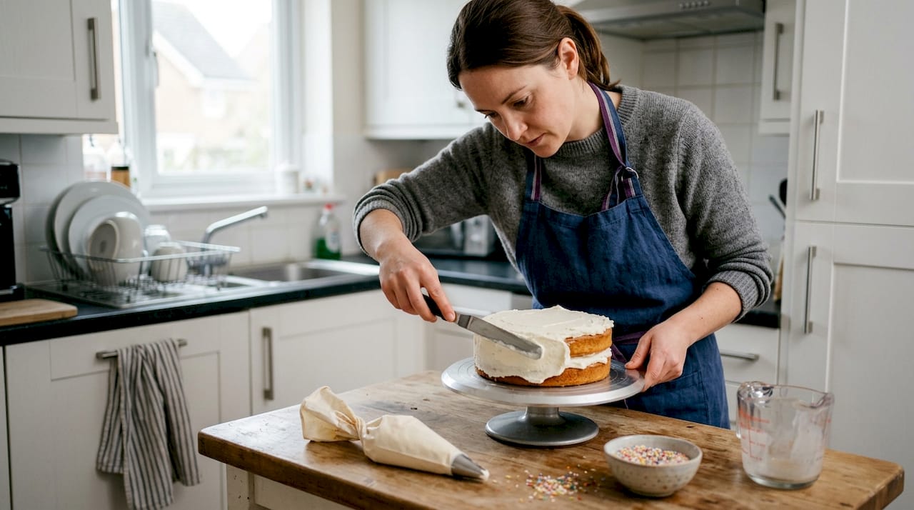 Home baker decorating cake in natural light