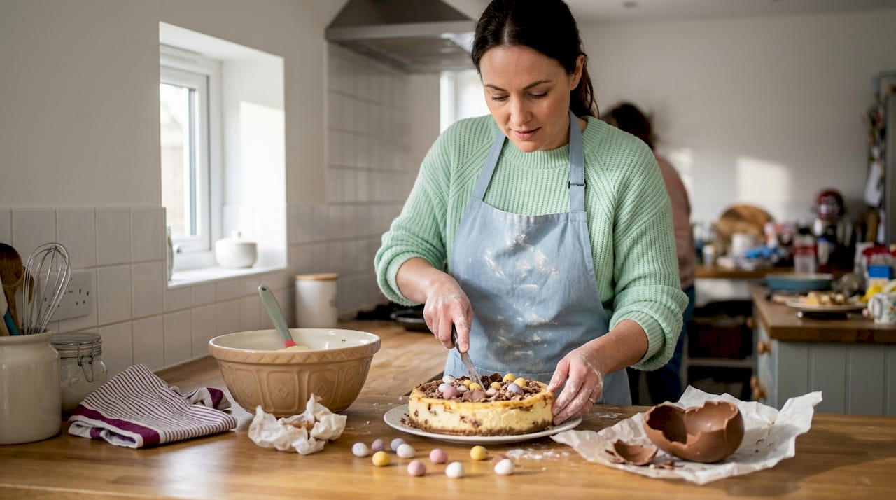 Woman slicing Easter egg cheesecake in kitchen