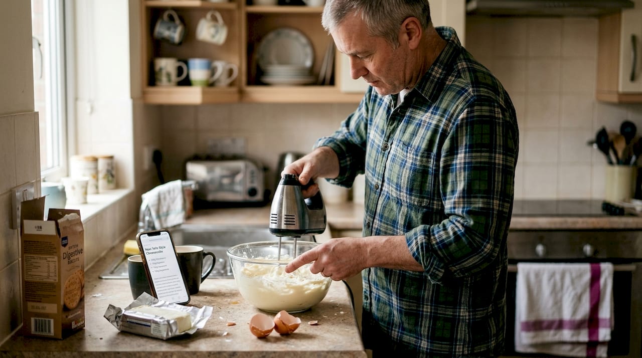 Man mixing cheesecake filling at kitchen counter