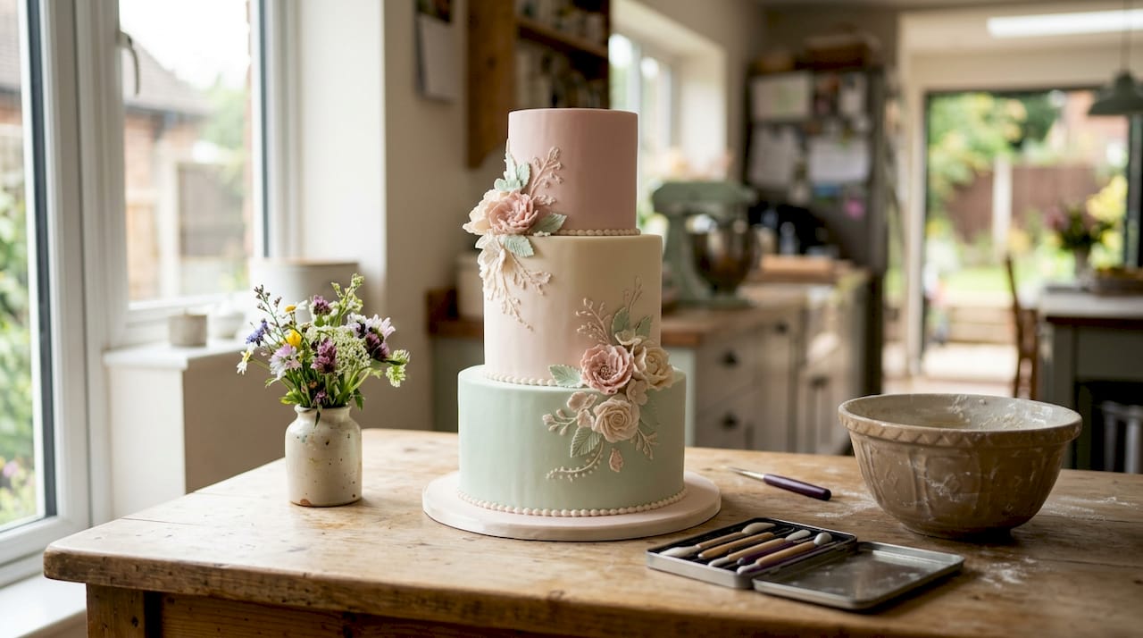 Blush pink ivory mint pastel cake