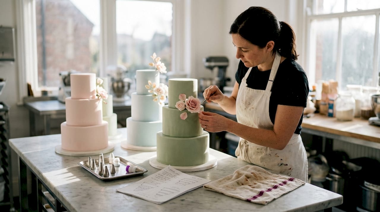 Pastry chef arranging pastel wedding cakes