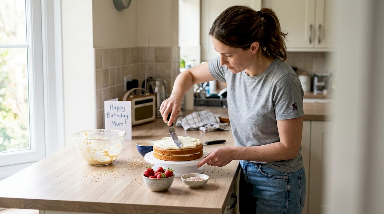 Woman decorating birthday cake in home kitchen