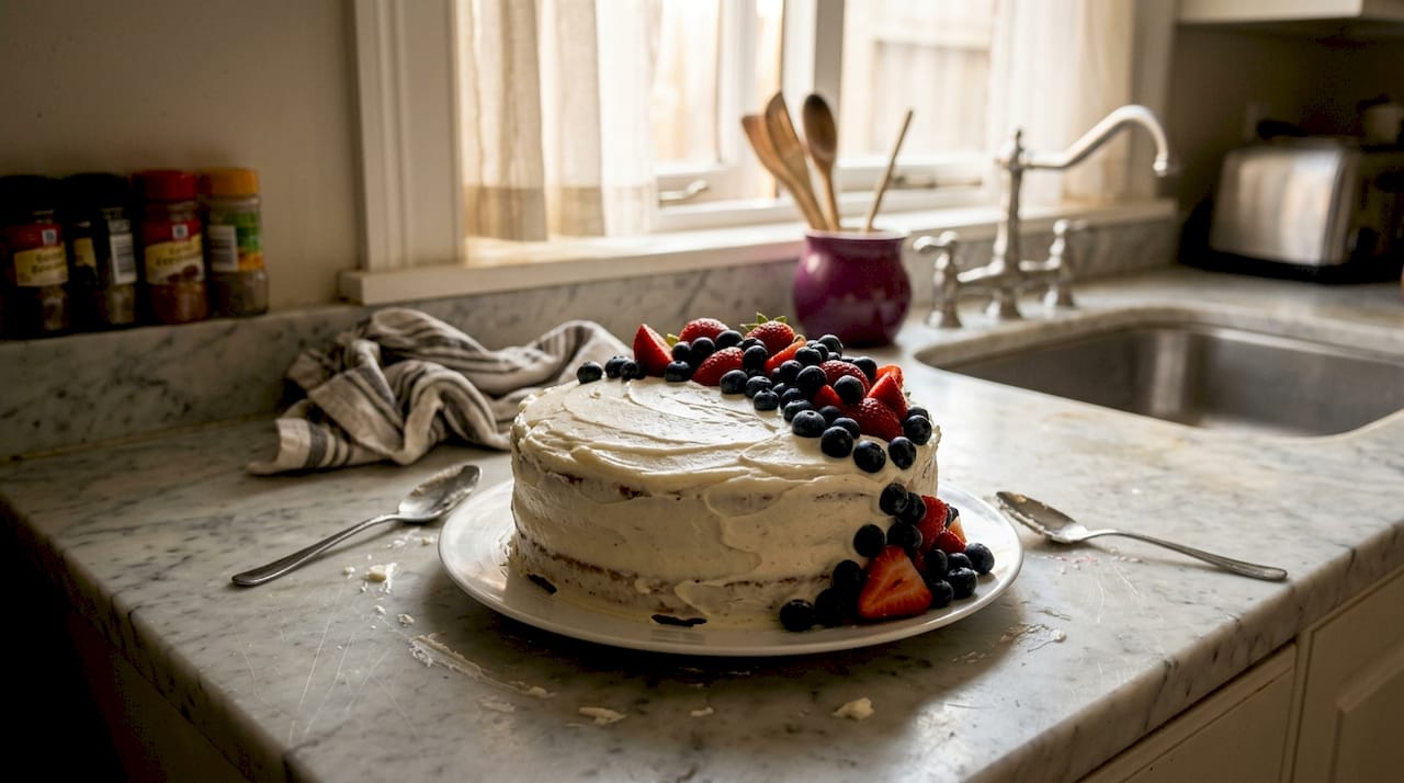Textured frosting on cake with fresh fruit