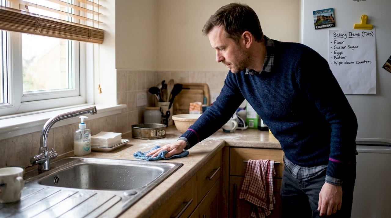 Home baker cleaning kitchen worktop for hygiene