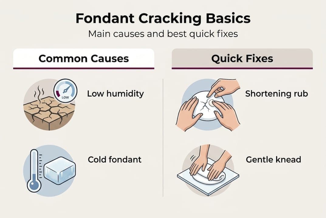 Infographic showing causes and fixes for fondant cracks
