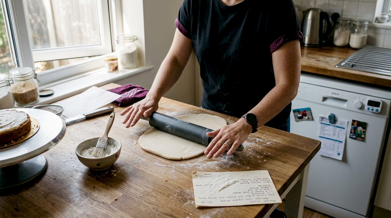 Baker rolling fondant on kitchen countertop