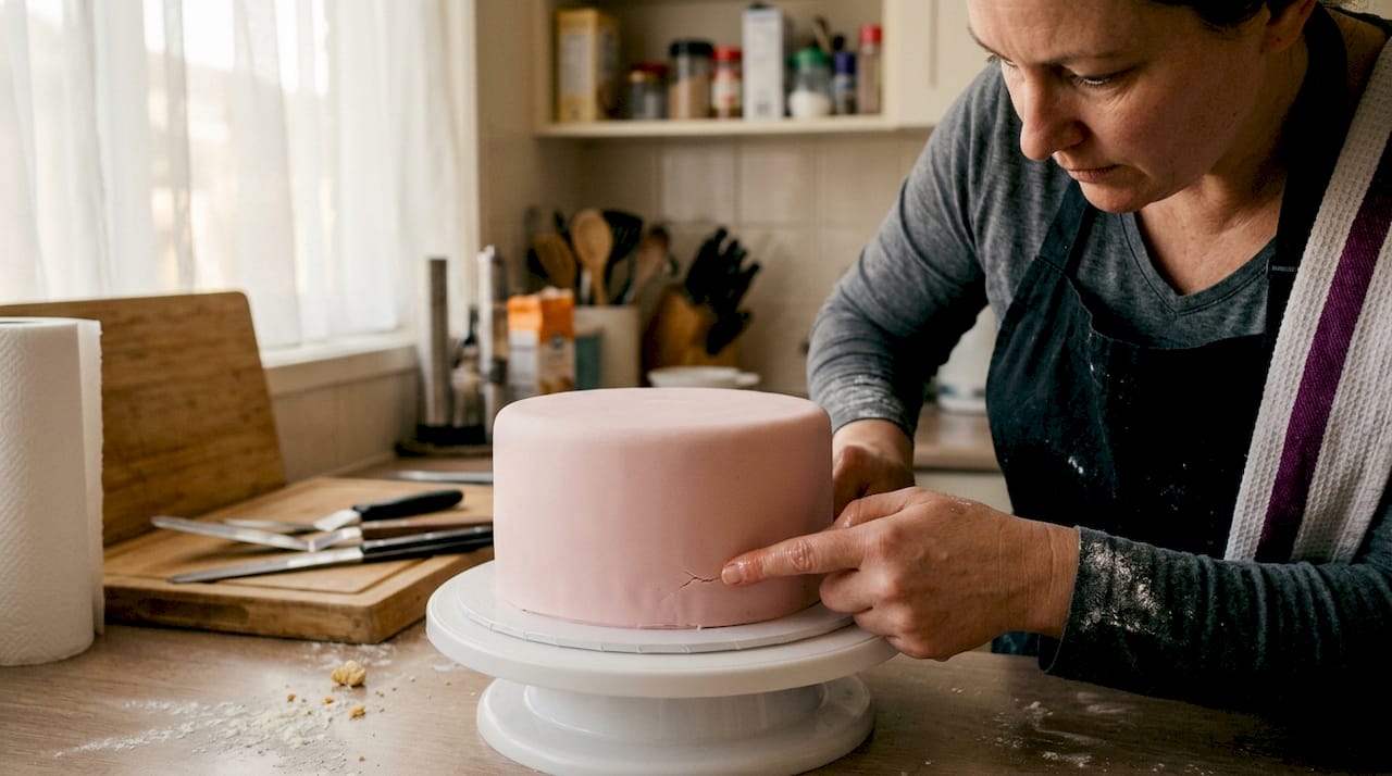 Decorator repairing a cracked fondant cake