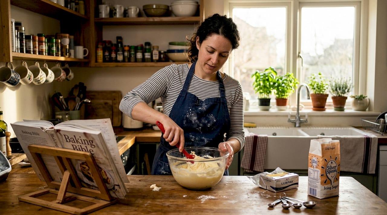 Home baker making buttercream in bright kitchen