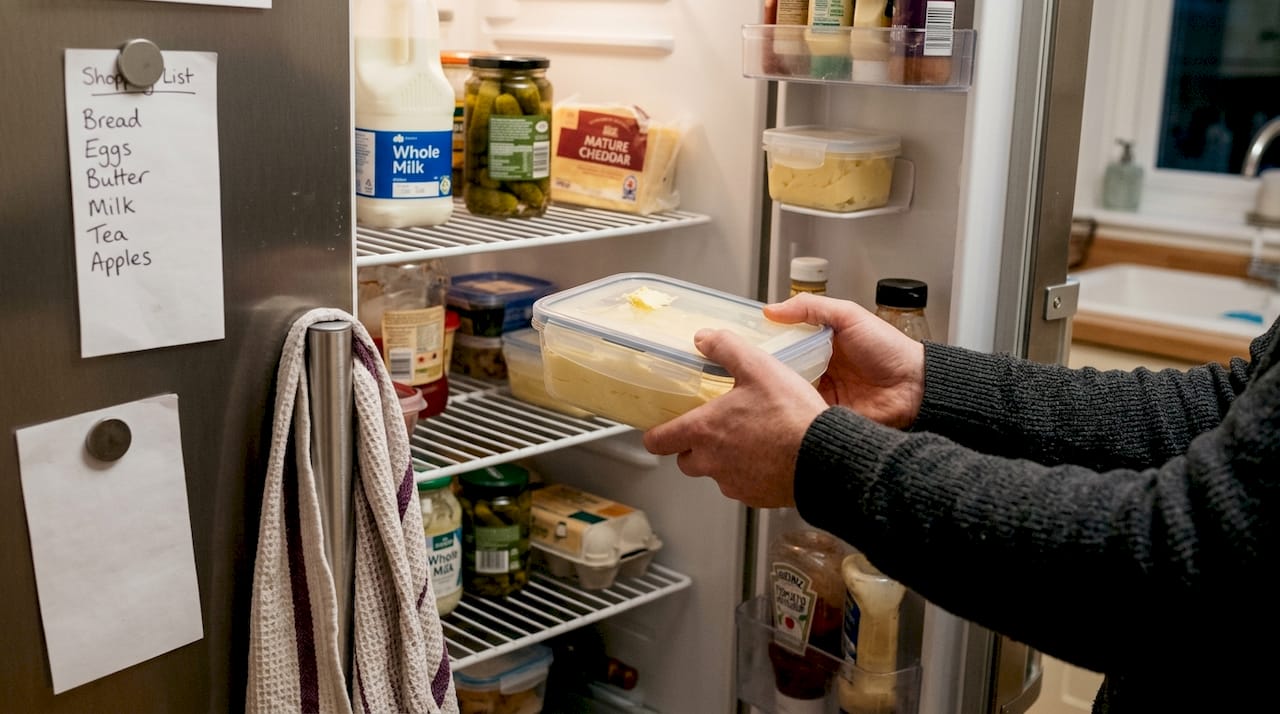 Hands storing buttercream in refrigerator container