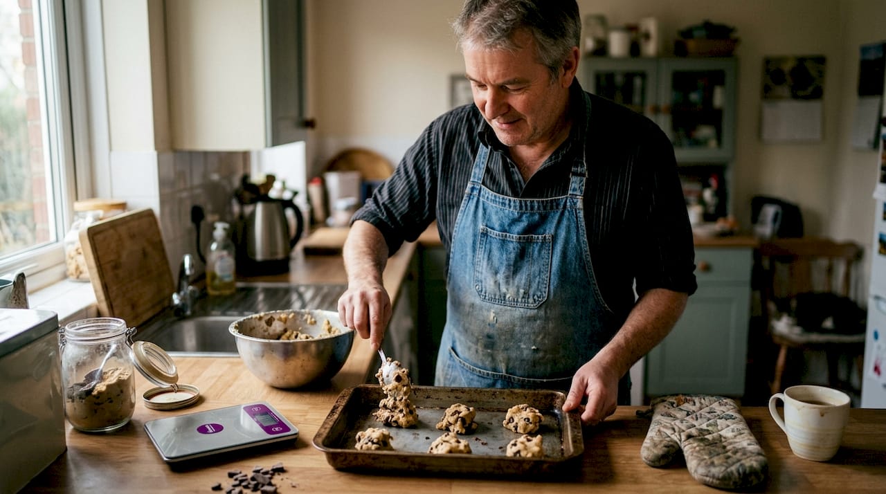 Man making cookies with leftover chocolate chunks
