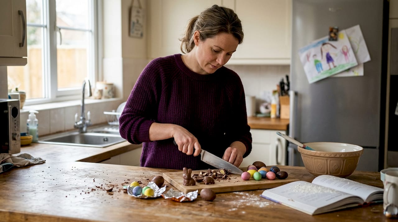 Woman chopping Easter chocolate in family kitchen