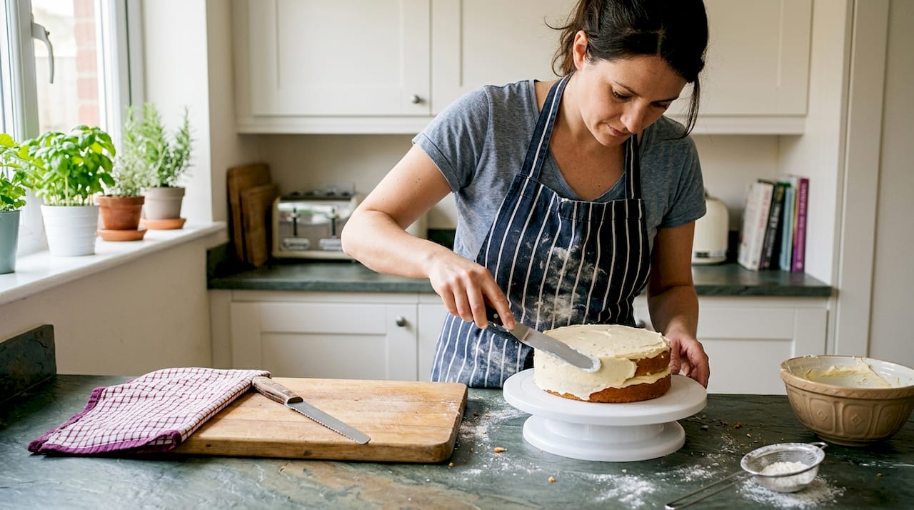 Baker applying crumb coat frosting in home kitchen