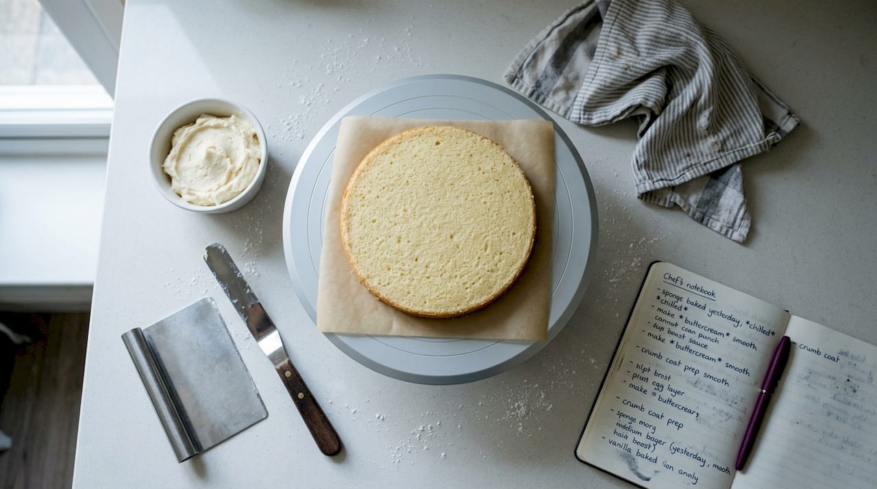 Essential tools arranged for cake prep