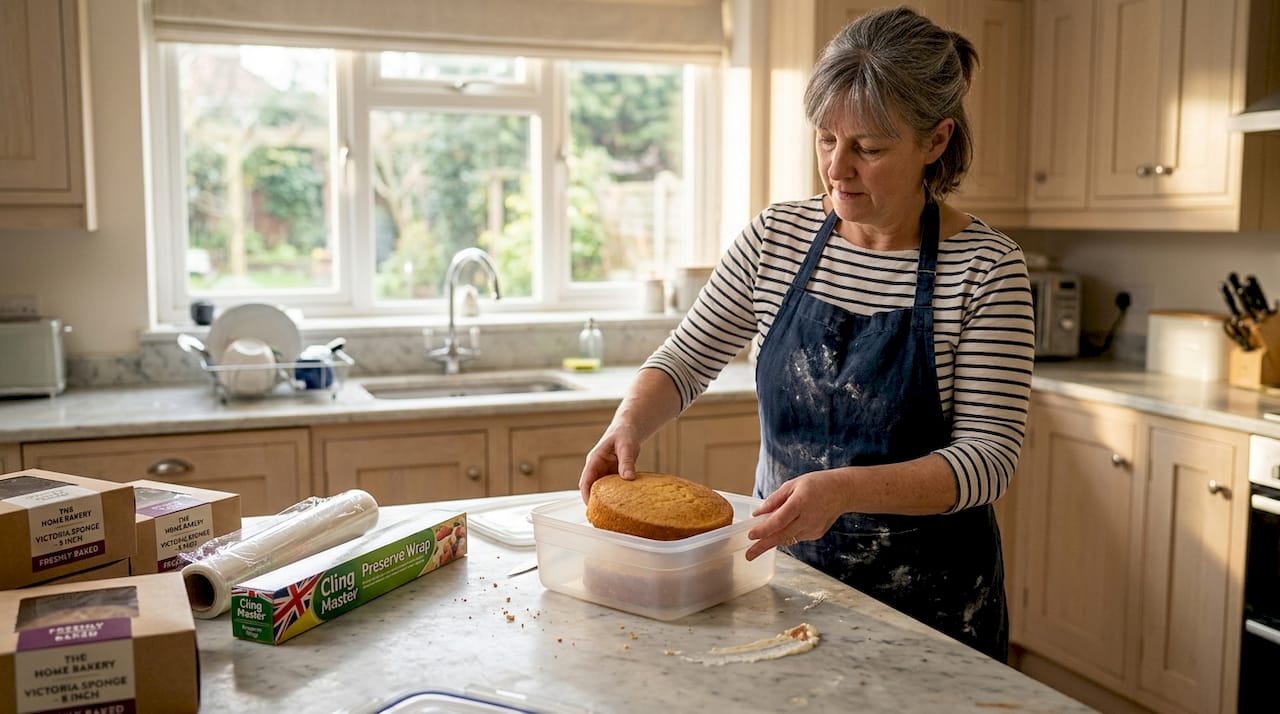 Baker storing cake in kitchen container