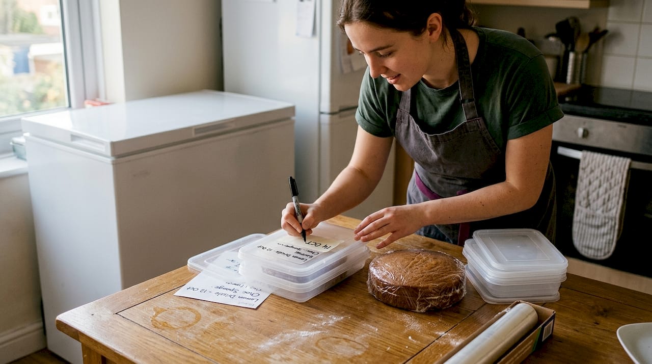 Wrapping and labeling cake layers for freezer