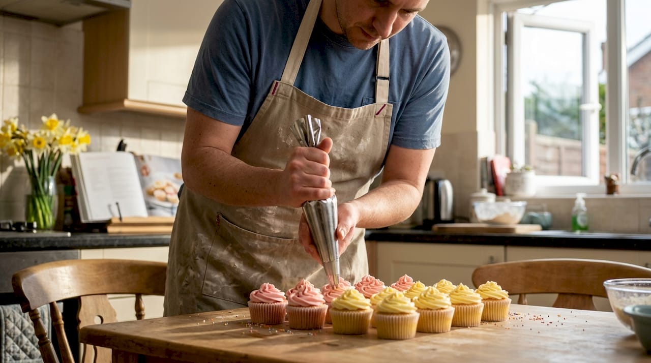 Baker decorating pastel spring cupcakes in kitchen