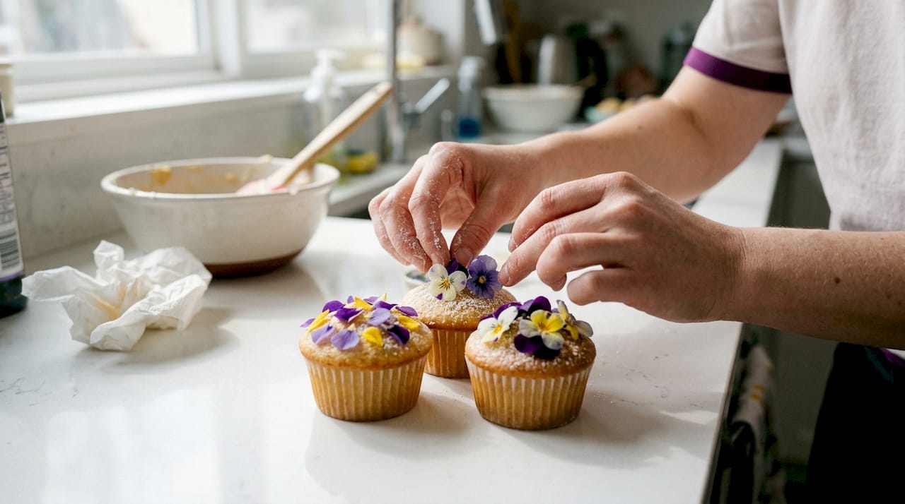 Hands topping cupcakes with edible spring flowers