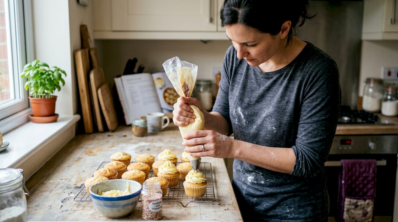 Woman piping swirled frosting on cupcakes in kitchen