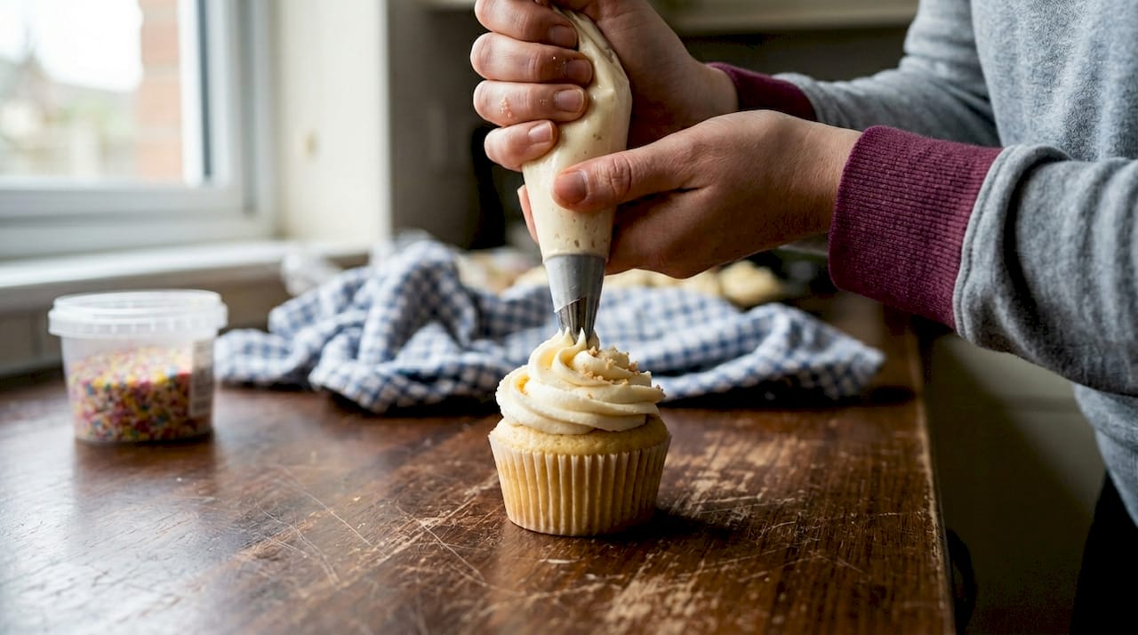 Close-up showing cupcake swirl piping in progress