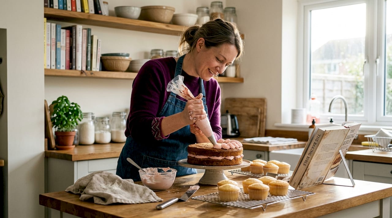 Baker decorating spring cake at home kitchen