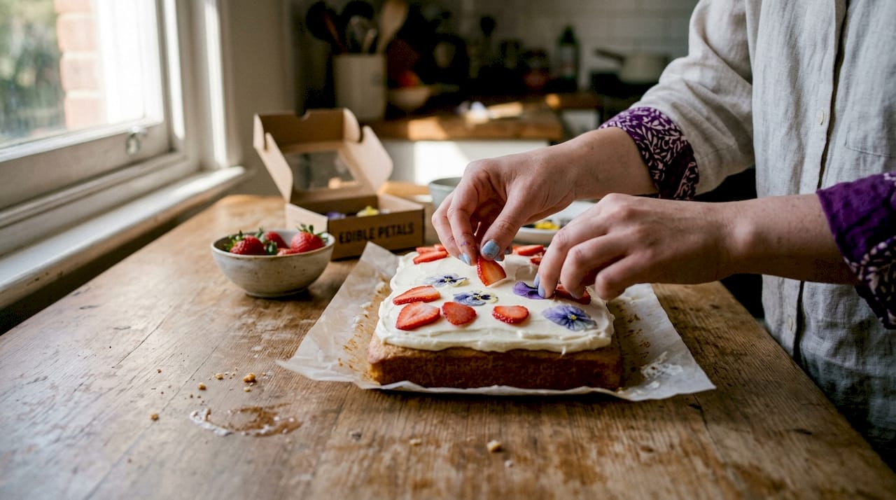 Hands adding fruit and petals on cake