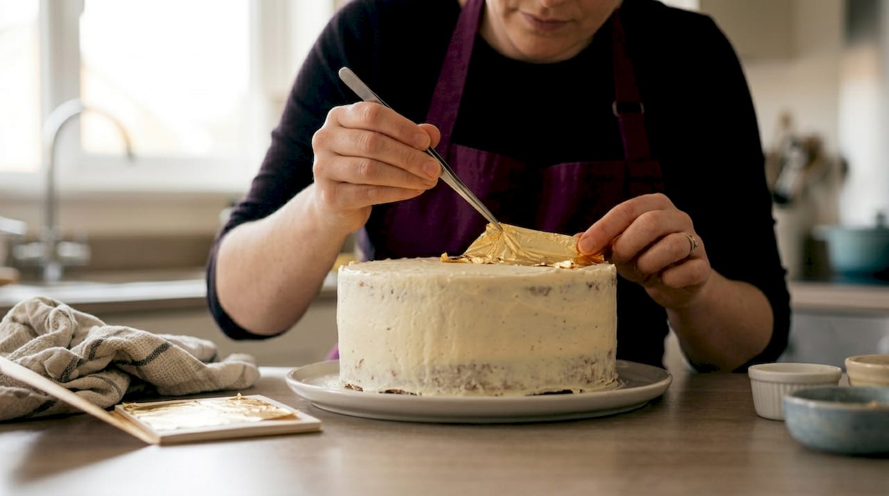 Home baker applying gold leaf to cake