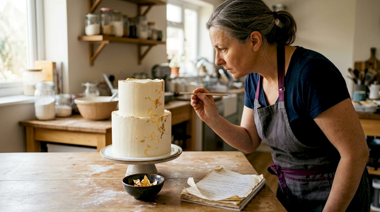 Baker checking gold leaf on finished cake