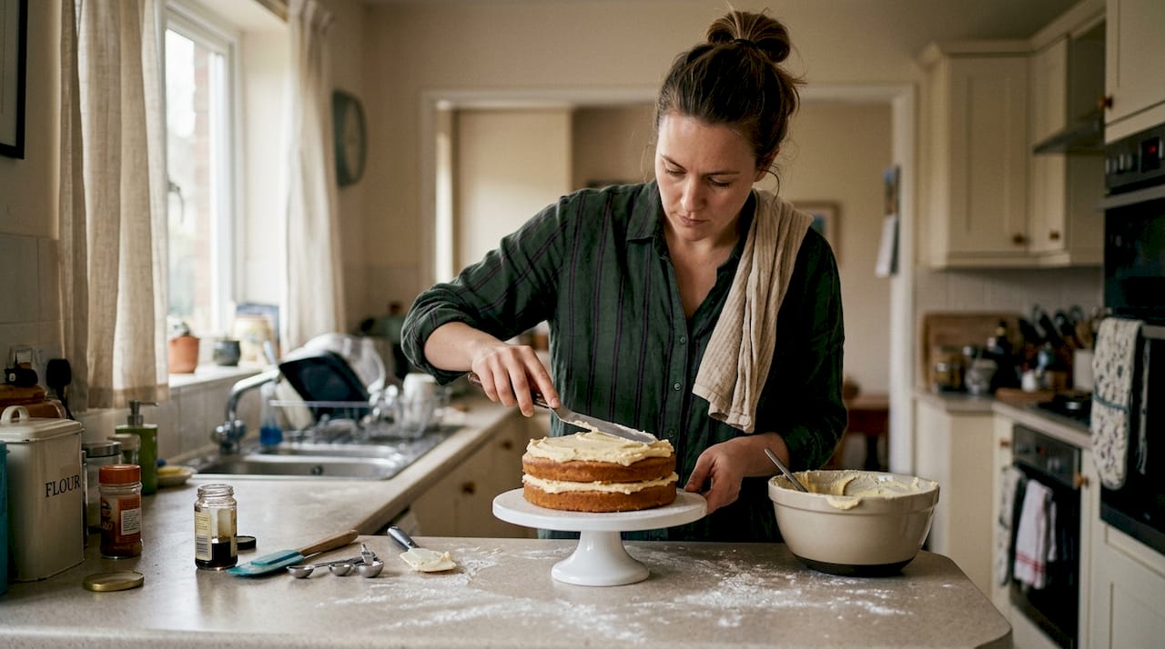 Home baker spreading crumb coat on cake