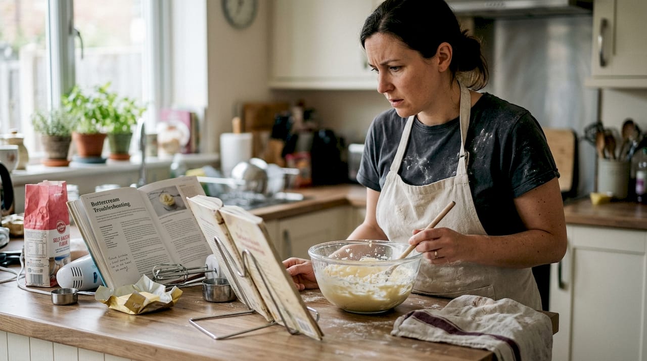 Baker troubleshooting split buttercream in home kitchen