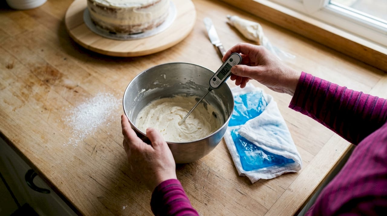Hands adjusting bowl to fix buttercream texture