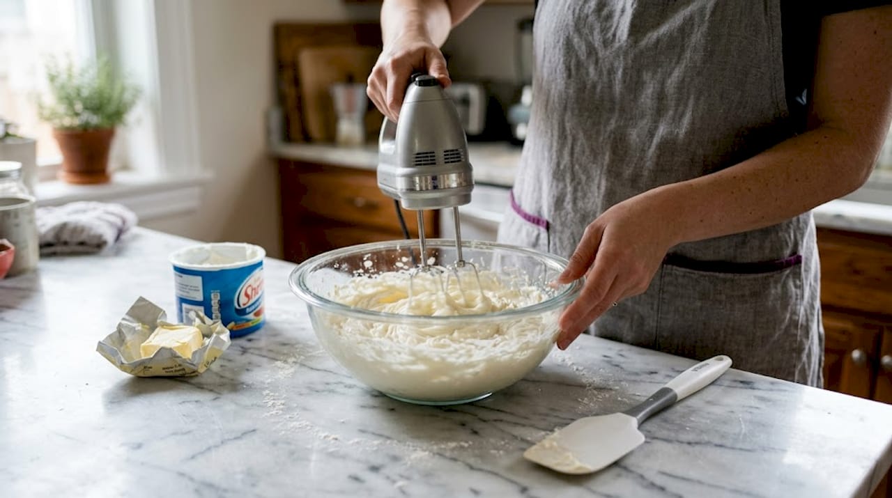 Hands mixing butter and shortening in kitchen
