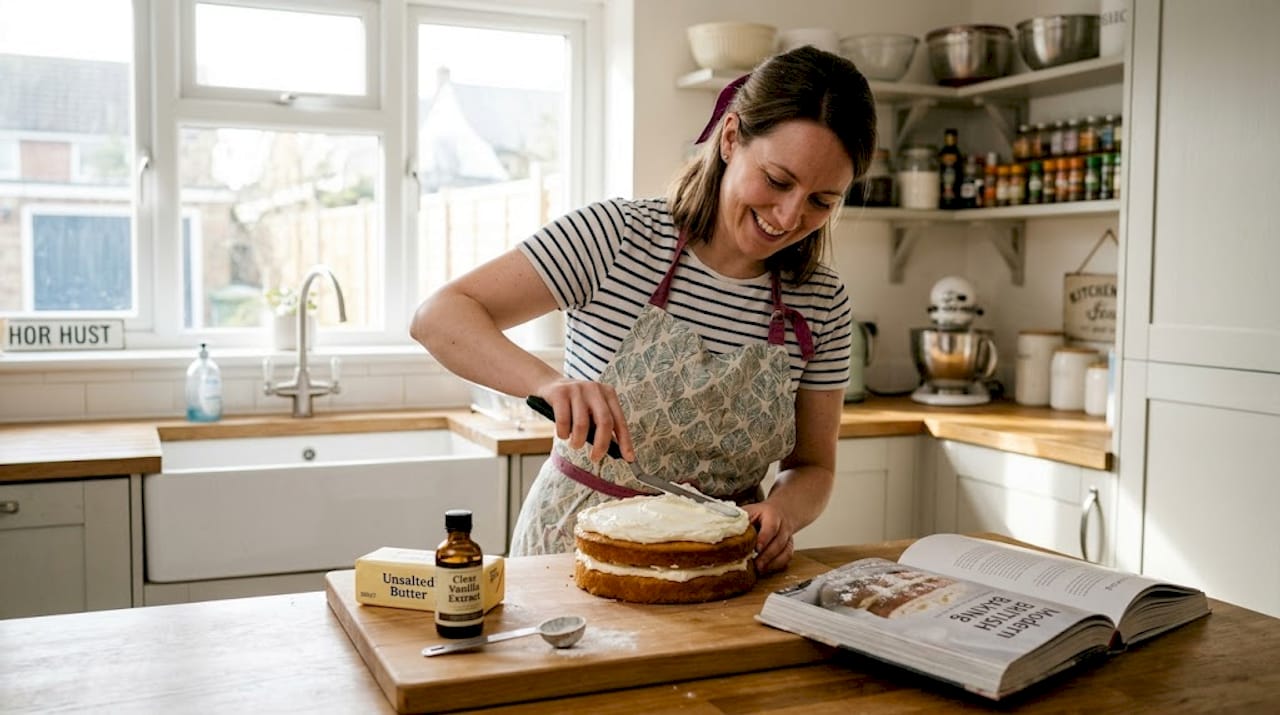 Home baker frosting cake with white buttercream