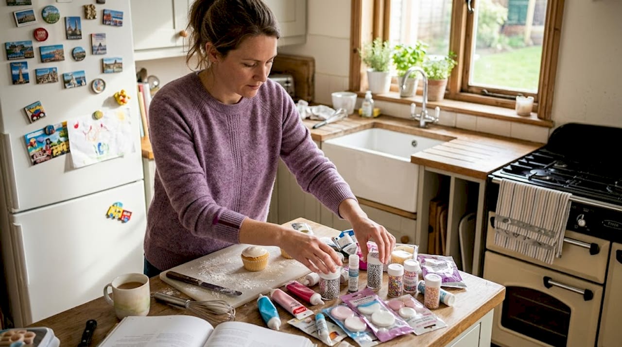 Sorting leftover cake decorations in home kitchen
