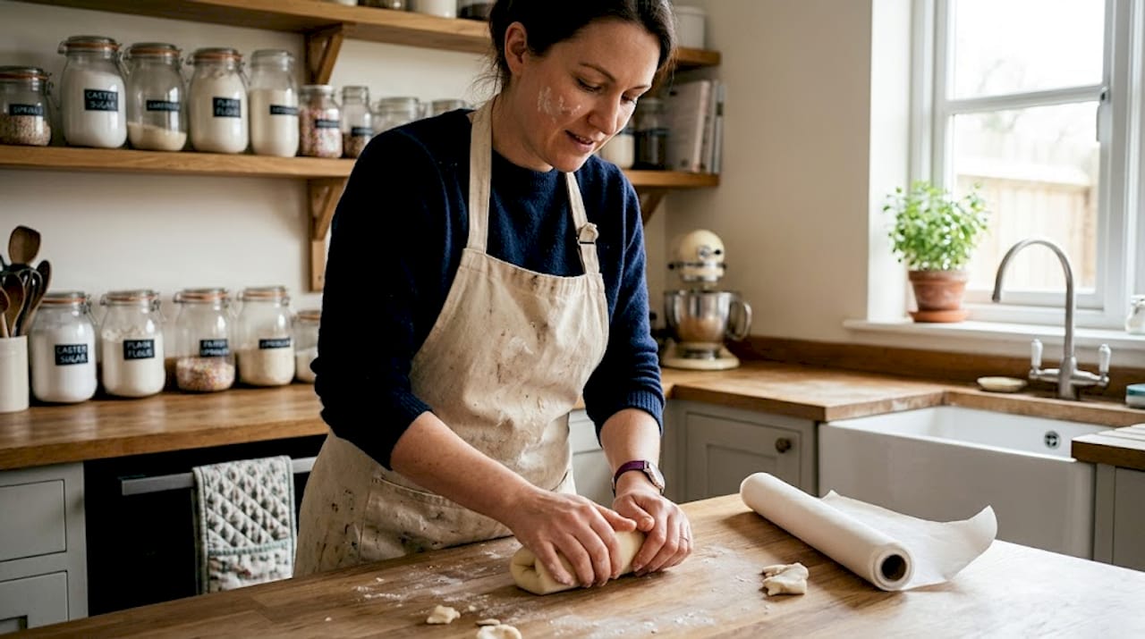 Baker kneading fondant on kitchen island